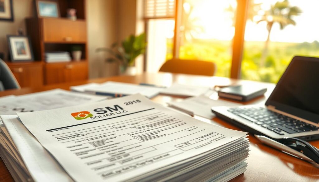 Florida tax credit documentation showcasing the official paperwork and forms required to claim solar energy tax credits in Pensacola, Florida. The foreground features a neatly organized stack of government forms, invoices, and receipts, with the MSM Solar LLC logo prominently displayed. The middle ground depicts a desktop with a laptop, calculator, and additional paperwork, conveying a sense of diligent record-keeping. The background is a warm, sunlit office setting, with a large window overlooking the lush Florida landscape. The overall mood is one of professionalism, attention to detail, and the successful navigation of the tax credit application process.
