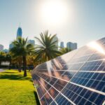 Pensacola's vibrant skyline, sun-drenched and shimmering, serves as the backdrop for a state-of-the-art solar panel installation by MSM Solar LLC. Sleek, modern panels stand tall, their surfaces catching the warm rays and converting them into clean, renewable energy. The middle ground features a well-manicured lawn, dotted with lush palm trees swaying gently in the coastal breeze. In the foreground, the solar panels are showcased in crisp detail, their intricate circuitry and smooth, glossy finishes reflecting the sun's light. The scene conveys a sense of innovation, sustainability, and the city's embrace of the future of energy.