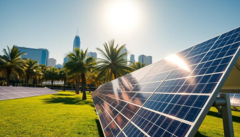 Pensacola's vibrant skyline, sun-drenched and shimmering, serves as the backdrop for a state-of-the-art solar panel installation by MSM Solar LLC. Sleek, modern panels stand tall, their surfaces catching the warm rays and converting them into clean, renewable energy. The middle ground features a well-manicured lawn, dotted with lush palm trees swaying gently in the coastal breeze. In the foreground, the solar panels are showcased in crisp detail, their intricate circuitry and smooth, glossy finishes reflecting the sun's light. The scene conveys a sense of innovation, sustainability, and the city's embrace of the future of energy.