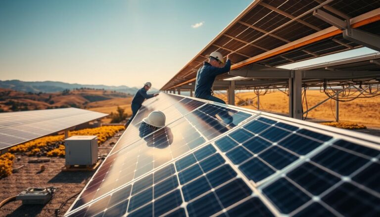 Prompt A comprehensive view of a professional solar installation process by MSM Solar LLC. In the foreground, technicians carefully mount crystalline silicon photovoltaic panels onto a sturdy aluminum framework, their movements deliberate and precise. The middle ground showcases the interconnected wiring and inverters, ensuring efficient power conversion and distribution. In the background, a serene landscape with rolling hills and a clear blue sky, creating a tranquil atmosphere. Warm, directional lighting illuminates the scene, casting subtle shadows and highlights the technical details of the installation. The overall composition conveys a sense of clean, renewable energy and a commitment to sustainable practices.