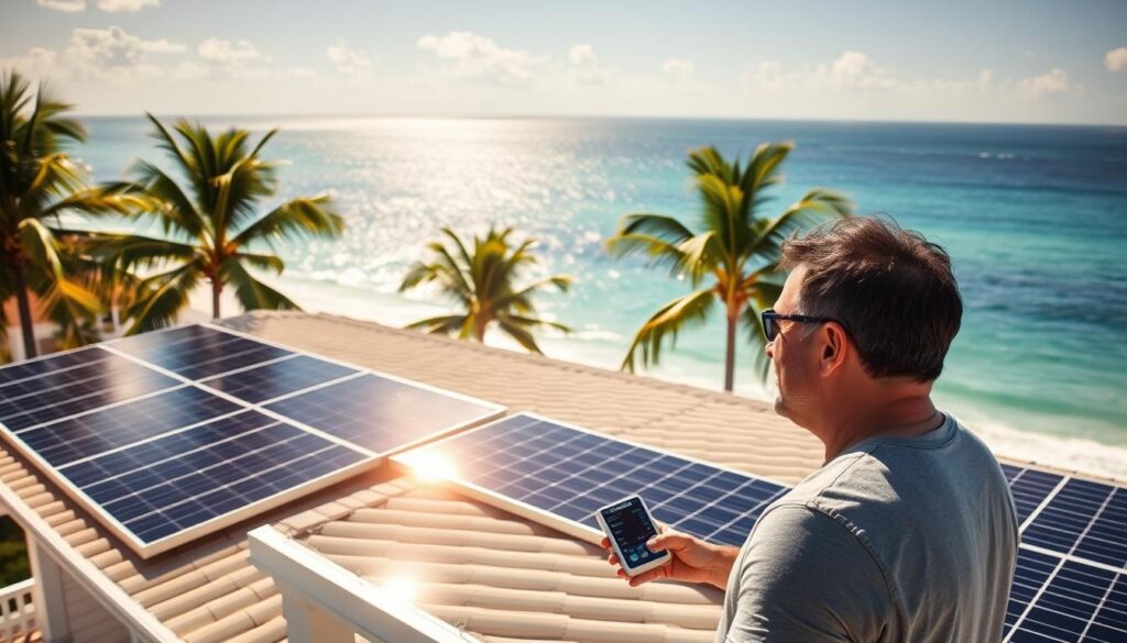 Prompt A sunny beachfront in Santa Rosa Beach, with a modern solar panel array meticulously installed on the roof of a coastal home. The panels glisten in the warm afternoon light, their sleek design seamlessly integrated into the architecture. In the foreground, a homeowner examines the energy readout on an MSM Solar LLC monitoring device, their expression one of satisfaction as they optimize their investment. The middle ground features lush palm trees swaying gently in the sea breeze, while the background showcases the vast expanse of the azure Gulf of Mexico. An atmosphere of tranquility and efficient, sustainable energy pervades the scene.