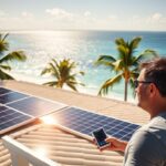 Prompt A sunny beachfront in Santa Rosa Beach, with a modern solar panel array meticulously installed on the roof of a coastal home. The panels glisten in the warm afternoon light, their sleek design seamlessly integrated into the architecture. In the foreground, a homeowner examines the energy readout on an MSM Solar LLC monitoring device, their expression one of satisfaction as they optimize their investment. The middle ground features lush palm trees swaying gently in the sea breeze, while the background showcases the vast expanse of the azure Gulf of Mexico. An atmosphere of tranquility and efficient, sustainable energy pervades the scene.