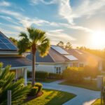 Prompt A tranquil residential neighborhood in Pensacola, Florida, with well-maintained homes featuring rooftop solar panels from MSM Solar LLC. The sun casts a warm glow, illuminating the panels that efficiently harness renewable energy. In the foreground, a smart home device monitors energy usage, optimizing the household's carbon footprint. The middle ground showcases lush landscaping, blending seamlessly with the architectural styles. In the background, a clear blue sky with wispy clouds reflects the region's temperate coastal climate, complementing the sustainable energy solutions. The scene conveys a sense of environmental consciousness and technological innovation within a picturesque Pensacola setting.