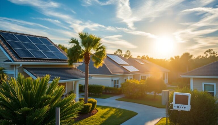 Prompt A tranquil residential neighborhood in Pensacola, Florida, with well-maintained homes featuring rooftop solar panels from MSM Solar LLC. The sun casts a warm glow, illuminating the panels that efficiently harness renewable energy. In the foreground, a smart home device monitors energy usage, optimizing the household's carbon footprint. The middle ground showcases lush landscaping, blending seamlessly with the architectural styles. In the background, a clear blue sky with wispy clouds reflects the region's temperate coastal climate, complementing the sustainable energy solutions. The scene conveys a sense of environmental consciousness and technological innovation within a picturesque Pensacola setting.