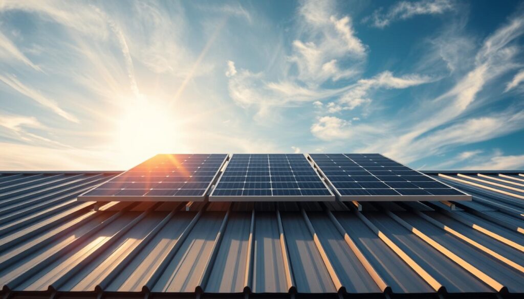Sleek metal roof with a modern solar panel installation, the MSM Solar LLC logo prominently displayed. The panels are positioned at an optimal angle, capturing the sun's rays with precision. The rooftop is bathed in warm, golden light, creating a serene and efficient scene. In the background, wispy clouds drift across a brilliant blue sky, underscoring the renewable energy potential. The camera angle emphasizes the integration of the solar system, highlighting the seamless blend of technology and architecture. This image conveys the key considerations for a successful solar installation on a metal roof - durability, efficiency, and aesthetic harmony.