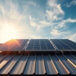 Sleek metal roof with a modern solar panel installation, the MSM Solar LLC logo prominently displayed. The panels are positioned at an optimal angle, capturing the sun's rays with precision. The rooftop is bathed in warm, golden light, creating a serene and efficient scene. In the background, wispy clouds drift across a brilliant blue sky, underscoring the renewable energy potential. The camera angle emphasizes the integration of the solar system, highlighting the seamless blend of technology and architecture. This image conveys the key considerations for a successful solar installation on a metal roof - durability, efficiency, and aesthetic harmony.