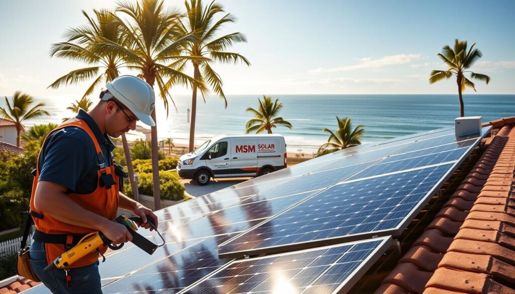 Solar maintenance technicians diligently inspecting MSM Solar LLC's installation on a residential rooftop in Santa Rosa Beach. The foreground features a worker carefully examining solar panels, tools in hand. In the middle ground, a service van is parked nearby, its logo visible. The background showcases the coastal landscape, with lush palm trees swaying in the gentle breeze and the serene Gulf of Mexico horizon. Warm, natural lighting casts a golden glow, conveying a sense of professionalism and expertise in solar energy solutions. The scene exudes reliability, attention to detail, and a commitment to delivering comprehensive solar services to the local community.