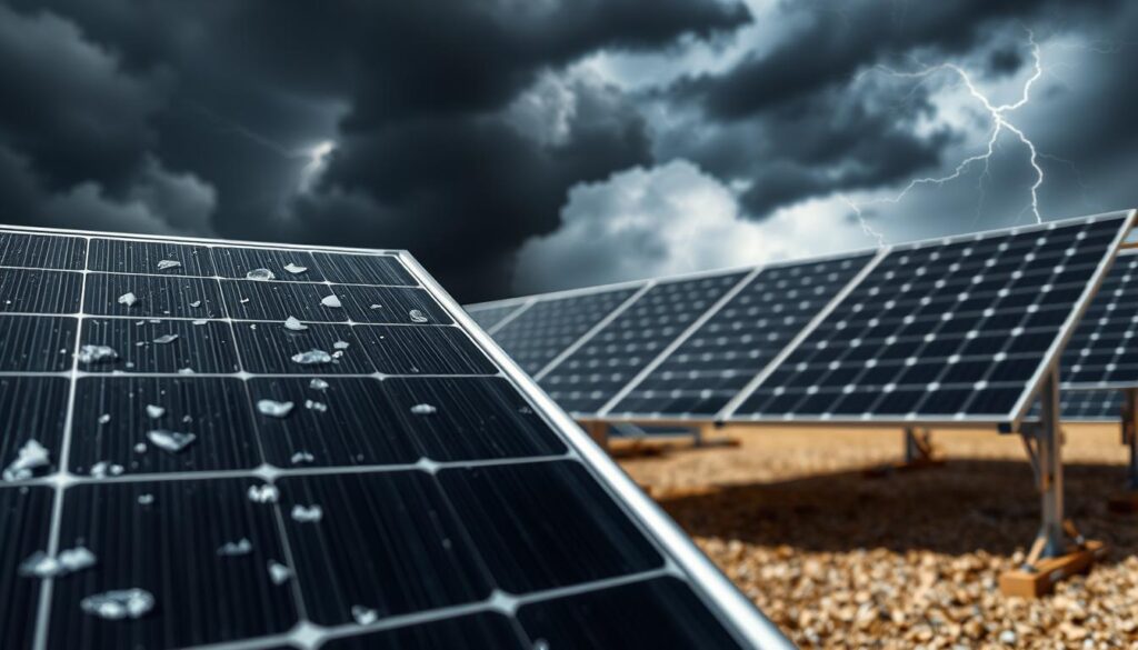 Solar panels withstanding extreme weather conditions, showcasing their ruggedness and resilience. In the foreground, a close-up view of a sleek, black solar panel panel, its surface unmarred by hail or strong winds. The middle ground reveals a solar array, its panels firmly anchored to a sturdy metal frame, withstanding the onslaught of a fierce storm. In the background, dark clouds loom, lightning flashing, yet the MSM Solar LLC panels remain unperturbed, generating clean energy even in the face of nature's fury. Crisp, high-contrast lighting accentuates the panels' durable construction, casting dramatic shadows and highlights to convey their strength and reliability.