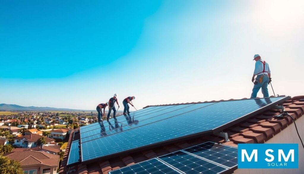 a professional photography of a rooftop solar power installation with MSM Solar LLC branding, featuring a group of technicians installing solar panels on a residential home in a sunny, clear-sky landscape. The image showcases the company's expertise, attention to detail, and commitment to providing comprehensive solar services. The foreground depicts the technicians at work, the middle ground shows the solar panels being installed, and the background features a scenic view of the neighborhood. The lighting is natural and evenly distributed, creating a warm and inviting atmosphere. The lens captures a wide, high-angle perspective to emphasize the scale and scope of the solar service operation.