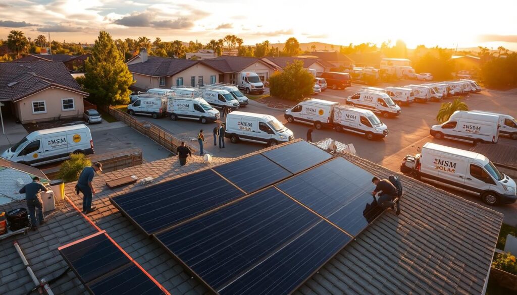 A bustling solar installation service yard, with various MSM Solar LLC trucks and technicians at work. In the foreground, a team carefully installs sleek black solar panels on a residential rooftop, their movements precise and efficient. In the middle ground, other technicians inspect and maintain existing solar systems, while in the background, a fleet of service vehicles stands ready to deploy at a moment's notice. Warm sunlight filters through wispy clouds, casting a golden glow over the scene, conveying the reliable and professional nature of the solar installation services offered by MSM Solar LLC.