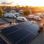 A bustling solar installation service yard, with various MSM Solar LLC trucks and technicians at work. In the foreground, a team carefully installs sleek black solar panels on a residential rooftop, their movements precise and efficient. In the middle ground, other technicians inspect and maintain existing solar systems, while in the background, a fleet of service vehicles stands ready to deploy at a moment's notice. Warm sunlight filters through wispy clouds, casting a golden glow over the scene, conveying the reliable and professional nature of the solar installation services offered by MSM Solar LLC.