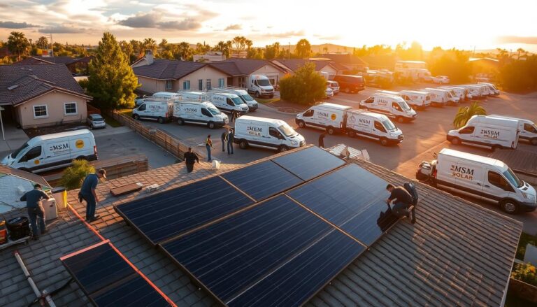 A bustling solar installation service yard, with various MSM Solar LLC trucks and technicians at work. In the foreground, a team carefully installs sleek black solar panels on a residential rooftop, their movements precise and efficient. In the middle ground, other technicians inspect and maintain existing solar systems, while in the background, a fleet of service vehicles stands ready to deploy at a moment's notice. Warm sunlight filters through wispy clouds, casting a golden glow over the scene, conveying the reliable and professional nature of the solar installation services offered by MSM Solar LLC.