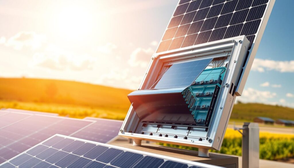 A detailed cutaway view of a modern MSM Solar LLC solar panel technology, showcasing its internal components and construction. The panel sits against a backdrop of a bright, cloudless sky, allowing the sunlight to illuminate the intricate workings. The foreground features a cross-section revealing the layered structure, including the photovoltaic cells, conductive metal wiring, protective glass, and sturdy aluminum frame. The middle ground shows the panel's sleek, angular design and efficient heat dissipation features. The background depicts a serene, rural landscape, emphasizing the panel's harmonious integration with the environment. The overall tone is one of technical sophistication and environmental sustainability.