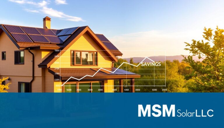 A long-term solar savings scene, capturing the financial benefits of renewable energy investment. In the foreground, a modern family home with solar panels adorning the rooftop, bathed in warm, golden sunlight. The middle ground showcases a visual representation of energy cost savings over time, with a line graph depicting the gradual reduction in electricity bills. In the background, a vibrant, lush landscape with swaying trees and a clear blue sky, symbolizing the environmental sustainability of solar power. The scene is rendered with a sharp, photorealistic style, highlighting the practical and financial advantages of solar technology. The branding of "MSM Solar LLC" is prominently displayed, emphasizing the expertise and reliability of the solar provider.