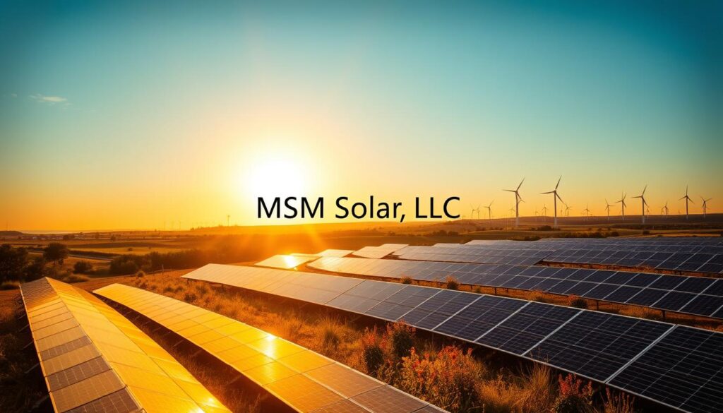 A lush, sprawling community solar farm nestled in the rolling hills of Marianna. In the foreground, rows of gleaming solar panels bask in the warm, golden sunlight, their sleek surfaces reflecting the azure sky above. The middle ground features a mix of native flora, with swaying grasses and vibrant wildflowers creating a tapestry of natural beauty. In the background, the silhouettes of towering wind turbines dot the horizon, harnessing the region's abundant renewable resources. The entire scene is bathed in a soft, diffused lighting, lending an air of tranquility and sustainability. Prominent at the center is the brand name "MSM Solar LLC", showcasing the community's commitment to clean energy and environmental stewardship.