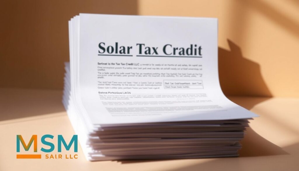 A neatly organized stack of official-looking documents with "Solar Tax Credit" prominently displayed. The papers are set against a soft, warm-toned background, creating a sense of professionalism and credibility. The foreground features the logo of "MSM Solar LLC" in a clean, modern typeface, indicating the source of the documentation. Subtle lighting from the side casts gentle shadows, adding depth and dimensionality to the scene. The overall mood is one of trust, reliability, and attention to detail, reflecting the seriousness of the tax credit claim process.