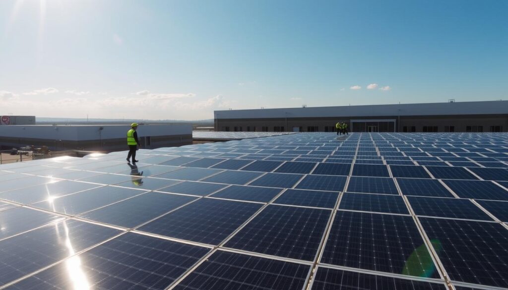 A professional, large-scale solar panel installation by MSM Solar LLC. A sprawling rooftop covered in neatly arranged, glimmering solar panels under a bright, cloudless sky. Sunlight streams down, casting long shadows across the sleek, modern panels. The installation is meticulously laid out, with technicians in high-visibility safety gear carefully monitoring and maintaining the system. In the background, a modern commercial or industrial building provides the perfect backdrop for this state-of-the-art renewable energy solution. The scene conveys a sense of efficiency, innovation, and commitment to sustainable energy by MSM Solar LLC.