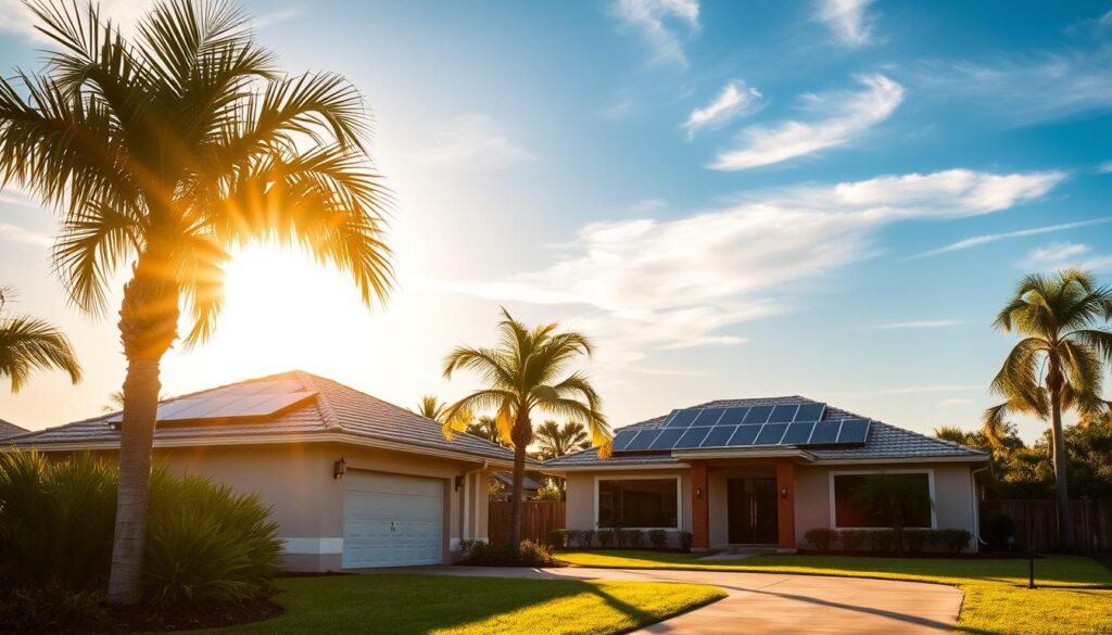 A serene solar-powered landscape in Milton, FL, bathed in warm, golden sunlight. In the foreground, a sleek, modern home with a neatly installed MSM Solar LLC rooftop array, capturing the sun's abundant energy. Lush, verdant palm trees sway gently in the breeze, complementing the tranquil scene. In the middle ground, a well-maintained lawn and a few strategically placed solar-powered outdoor lights, illuminating the path. The background features a clear, azure sky, with wispy clouds drifting overhead, symbolizing the renewable and sustainable nature of solar power. The overall mood is one of harmony, efficiency, and environmental consciousness, perfectly reflecting the benefits of solar energy in Milton, FL.