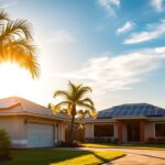 A serene solar-powered landscape in Milton, FL, bathed in warm, golden sunlight. In the foreground, a sleek, modern home with a neatly installed MSM Solar LLC rooftop array, capturing the sun's abundant energy. Lush, verdant palm trees sway gently in the breeze, complementing the tranquil scene. In the middle ground, a well-maintained lawn and a few strategically placed solar-powered outdoor lights, illuminating the path. The background features a clear, azure sky, with wispy clouds drifting overhead, symbolizing the renewable and sustainable nature of solar power. The overall mood is one of harmony, efficiency, and environmental consciousness, perfectly reflecting the benefits of solar energy in Milton, FL.