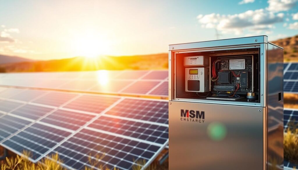 A sleek and modern solar battery storage system, designed by MSM Solar LLC, stands against a backdrop of a sun-drenched landscape. The polished metal casing reflects the warm, golden rays, while the intricate circuitry and cutting-edge technology within hum with efficiency. The system is positioned in the foreground, its clean lines and compact form commanding attention. In the middle ground, a grid of solar panels stretches out, their photovoltaic cells capturing the abundant sunlight of the region. The background is filled with a vibrant, cloudless sky, emphasizing the abundant solar potential of the location. The overall scene conveys a sense of innovation, sustainability, and the seamless integration of renewable energy solutions into the built environment.