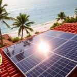 A sleek, modern solar panel installation on the rooftop of a residential home in Pensacola, Florida. The panels glisten in the bright, warm sunlight, casting a geometric pattern of shadows across the terracotta roof tiles. In the foreground, the logo of "MSM Solar LLC" is prominently displayed, showcasing their expertise in solar energy solutions. The middle ground features well-manicured palm trees swaying gently in the coastal breeze, while the background reveals the iconic blue waters of the Gulf of Mexico, creating a picturesque scene that captures the essence of Pensacola's abundant sunshine and the potential for renewable energy.