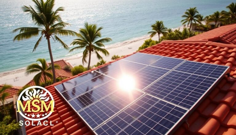 A sleek, modern solar panel installation on the rooftop of a residential home in Pensacola, Florida. The panels glisten in the bright, warm sunlight, casting a geometric pattern of shadows across the terracotta roof tiles. In the foreground, the logo of "MSM Solar LLC" is prominently displayed, showcasing their expertise in solar energy solutions. The middle ground features well-manicured palm trees swaying gently in the coastal breeze, while the background reveals the iconic blue waters of the Gulf of Mexico, creating a picturesque scene that captures the essence of Pensacola's abundant sunshine and the potential for renewable energy.