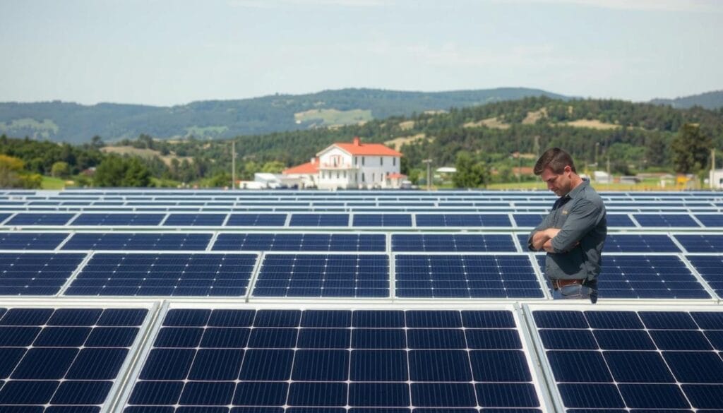 A sprawling solar power system stands against a clear sky, with sleek black panels arranged in neat rows. In the foreground, a technician from MSM Solar LLC examines the connections, ensuring optimal efficiency. The middle ground features a mix of modern and traditional architecture, hinting at the integration of renewable energy into the built environment. In the background, rolling hills and lush greenery create a serene, natural backdrop, emphasizing the harmony between technology and the environment. Soft, directional lighting casts subtle shadows, conveying a sense of thoughtful design and careful engineering.