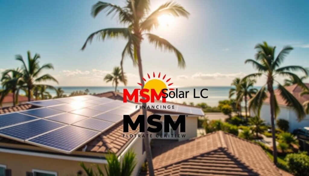 A sunny Florida landscape with a residential home in the foreground, its rooftop adorned with gleaming solar panels. In the middle ground, a variety of solar financing options are presented, including a prominent logo for "MSM Solar LLC." In the background, palm trees sway gently, and a clear blue sky stretches out, conveying a sense of warmth and opportunity. The scene is captured with a wide-angle lens, allowing for a comprehensive view of the available solar financing solutions for Florida homeowners.