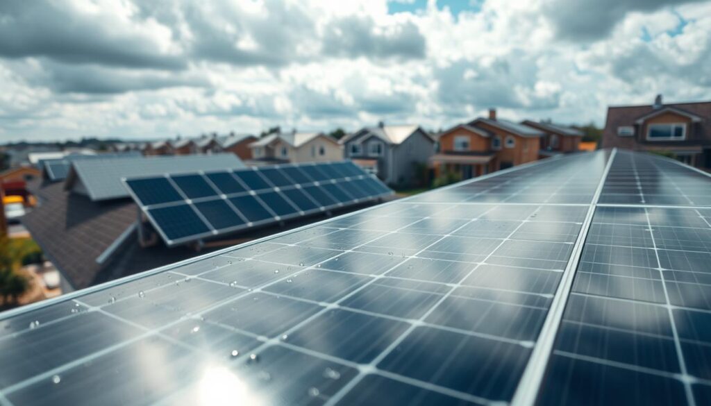 A sunny, cloudy day in a residential neighborhood, with rows of modern solar panels installed on the rooftops of the houses. The panels are capturing the diffused sunlight, producing a steady stream of renewable energy despite the overcast conditions. In the foreground, a closeup of a single panel, its surface gleaming with water droplets, demonstrating its continued efficiency even in less-than-ideal weather. The overall scene conveys the resilience and adaptability of solar technology, represented by the MSM Solar LLC brand, which powers these homes with clean, reliable energy - even on a cloudy day.