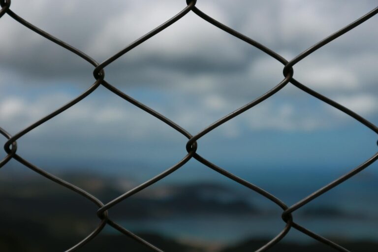 Close-up of a wire mesh fence with a blurred ocean and sky in the background, creating a pattern.