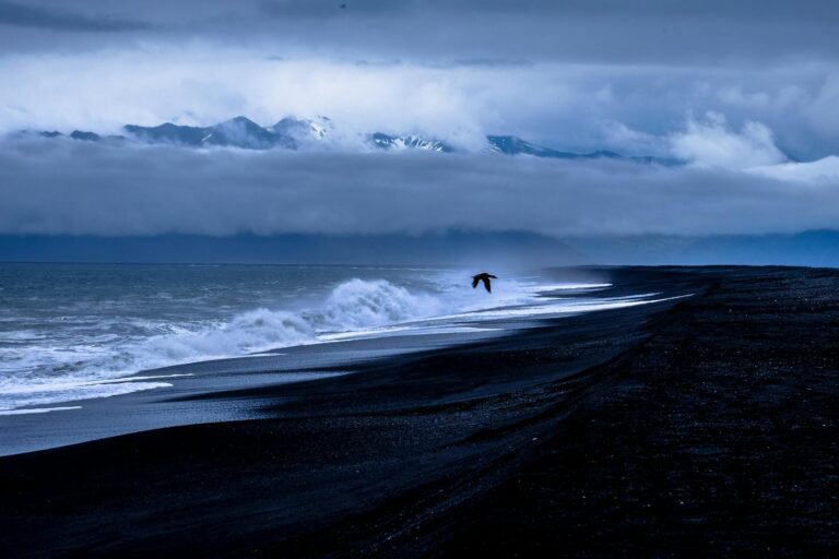 Moody seascape capturing crashing waves under a dramatic, cloudy sky.