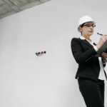 Businesswoman in formal attire with helmet inspecting a renovation project indoors.