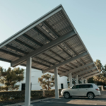 Solar panel carport in a modern urban setting, showcasing clean energy solutions.