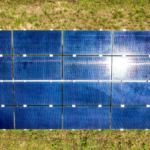 Drone shot of solar panels harnessing energy in Kellogg, MN, USA.