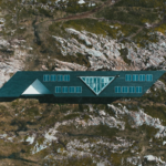 Modern house with solar panels on rugged landscape, seen from above.