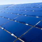 Wide view of solar panels under clear sky, showcasing renewable energy technology.