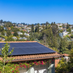Solar panels on a suburban home, surrounded by lush greenery and a sunny blue sky.
