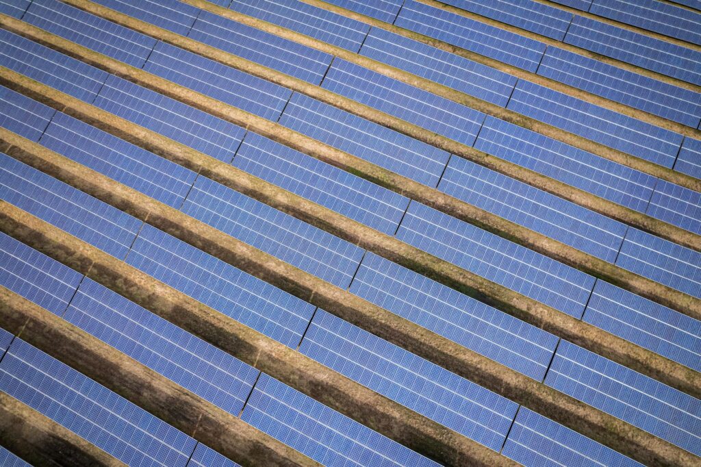 Aerial view of expansive solar panels in Rocky Mount, NC, showcasing renewable energy technology.