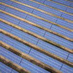 Aerial view of expansive solar panels in Rocky Mount, NC, showcasing renewable energy technology.