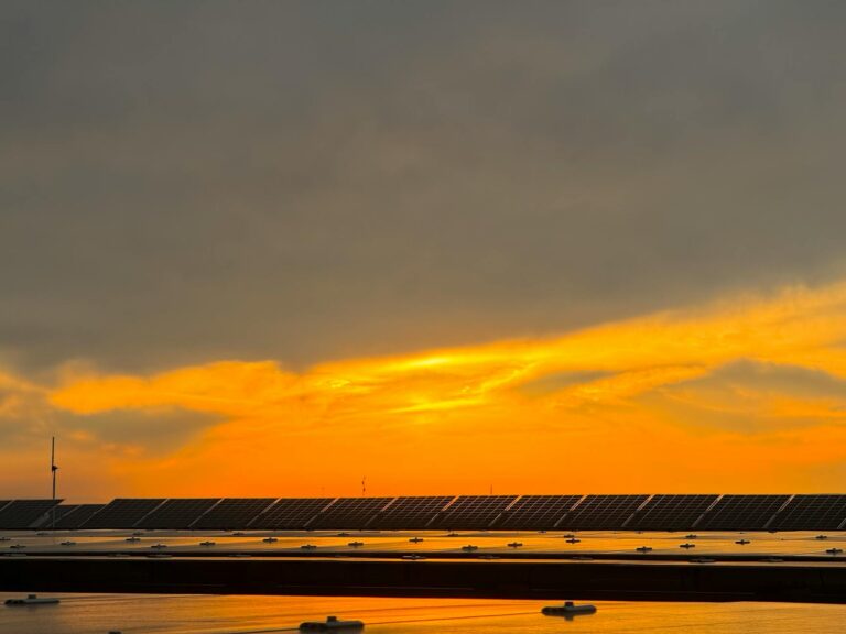 Captivating view of solar panels beneath a vibrant sunset sky in Niğde, Türkiye.