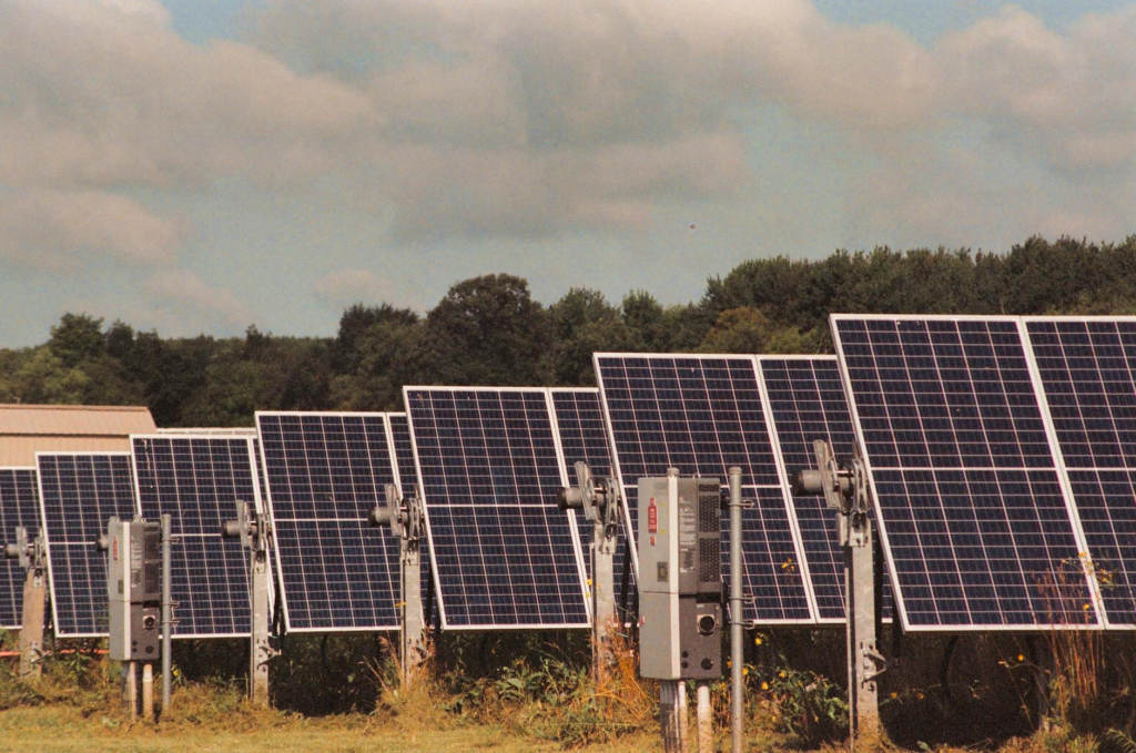 Solar panels in a field generating clean, renewable energy on a sunny day.