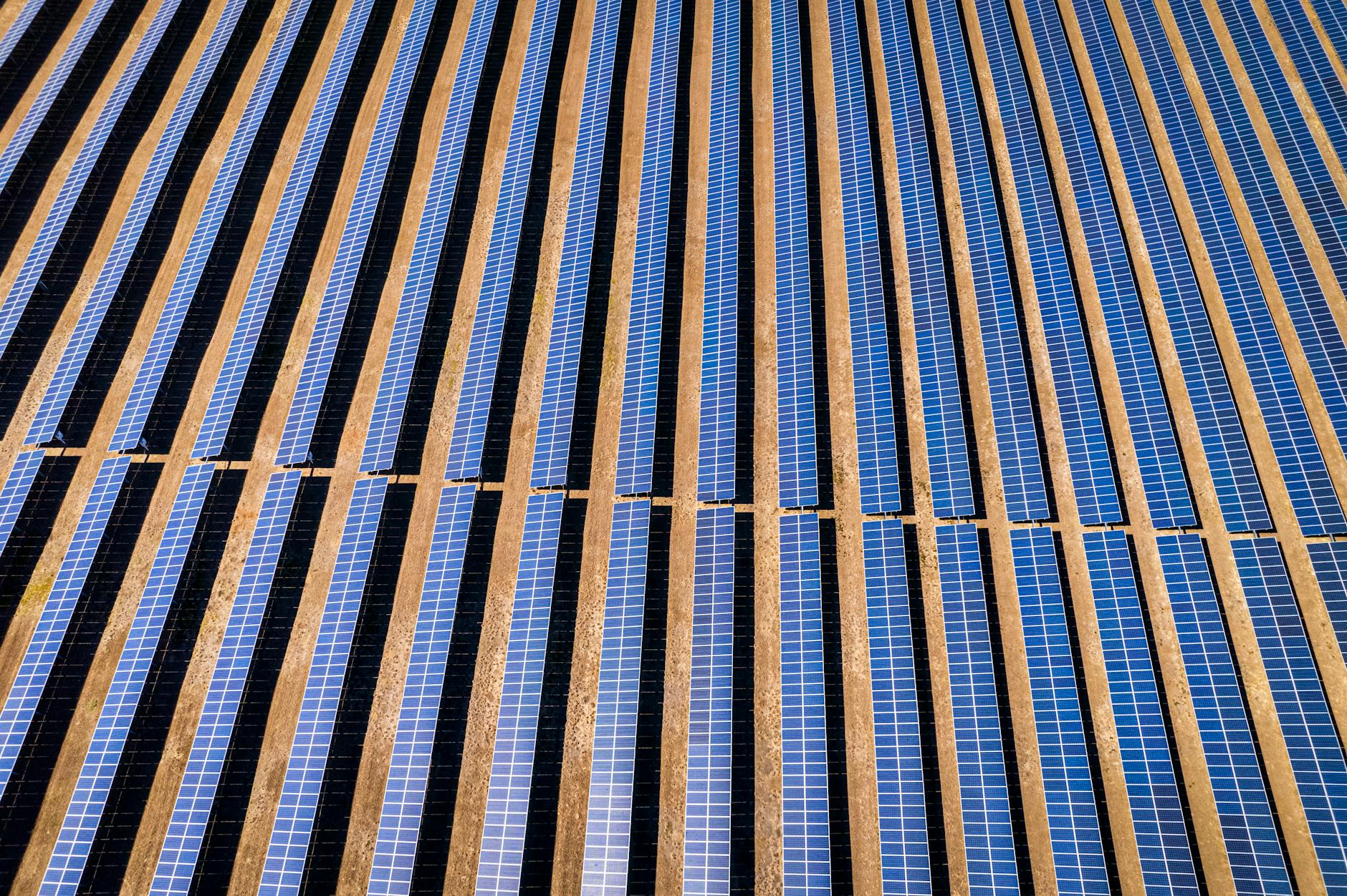 Drone shot of solar panels in Castalia, NC, showcasing renewable energy infrastructure.