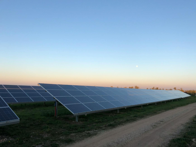 Solar panels in a field at dusk near Andria, Italy, capturing renewable energy.