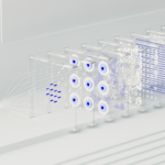 Visual abstraction of neural networks in AI technology, featuring data flow and algorithms.