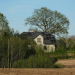 Modern house with solar panels surrounded by lush trees and fields, embracing sustainable living.