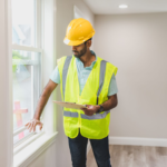 Real estate agent inspecting window indoors, wearing safety vest and hard hat, ensuring home safety.
