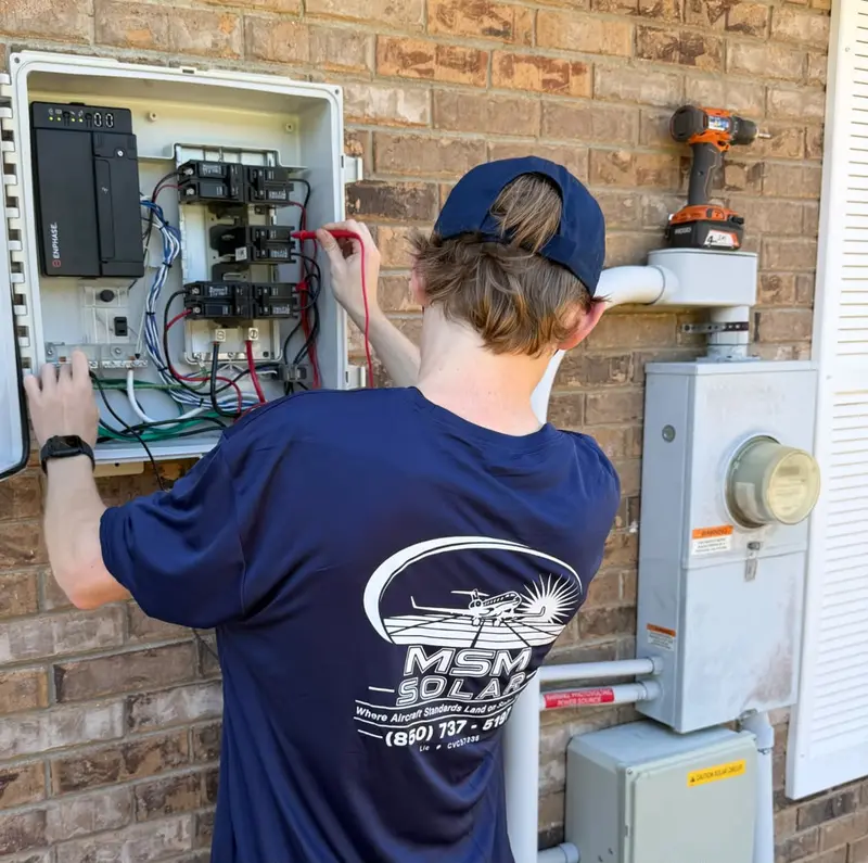 MSM Solar technician testing an Enphase combiner box on a brick home