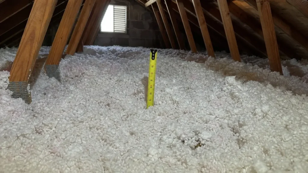 Blown-in attic insulation between roof trusses with a tape measure showing its depth