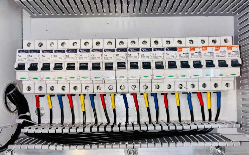 Circuit breaker panel with neatly organized wiring
