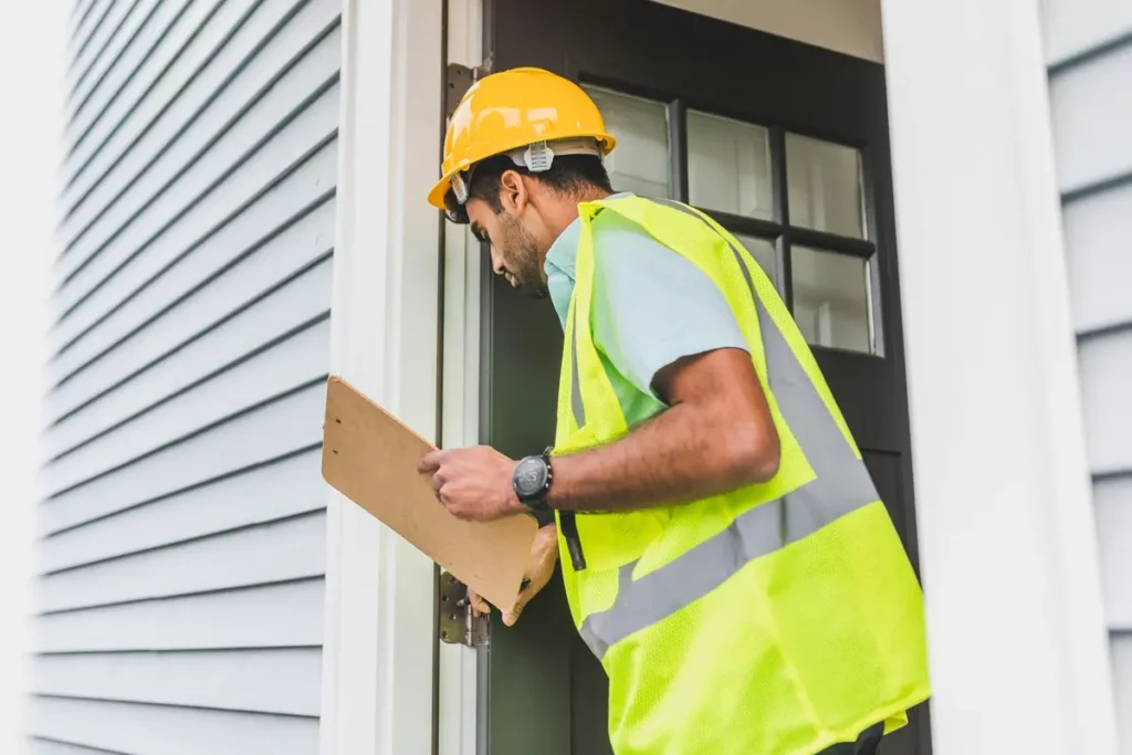 Home inspector in a hard hat checking a property with a clipboard